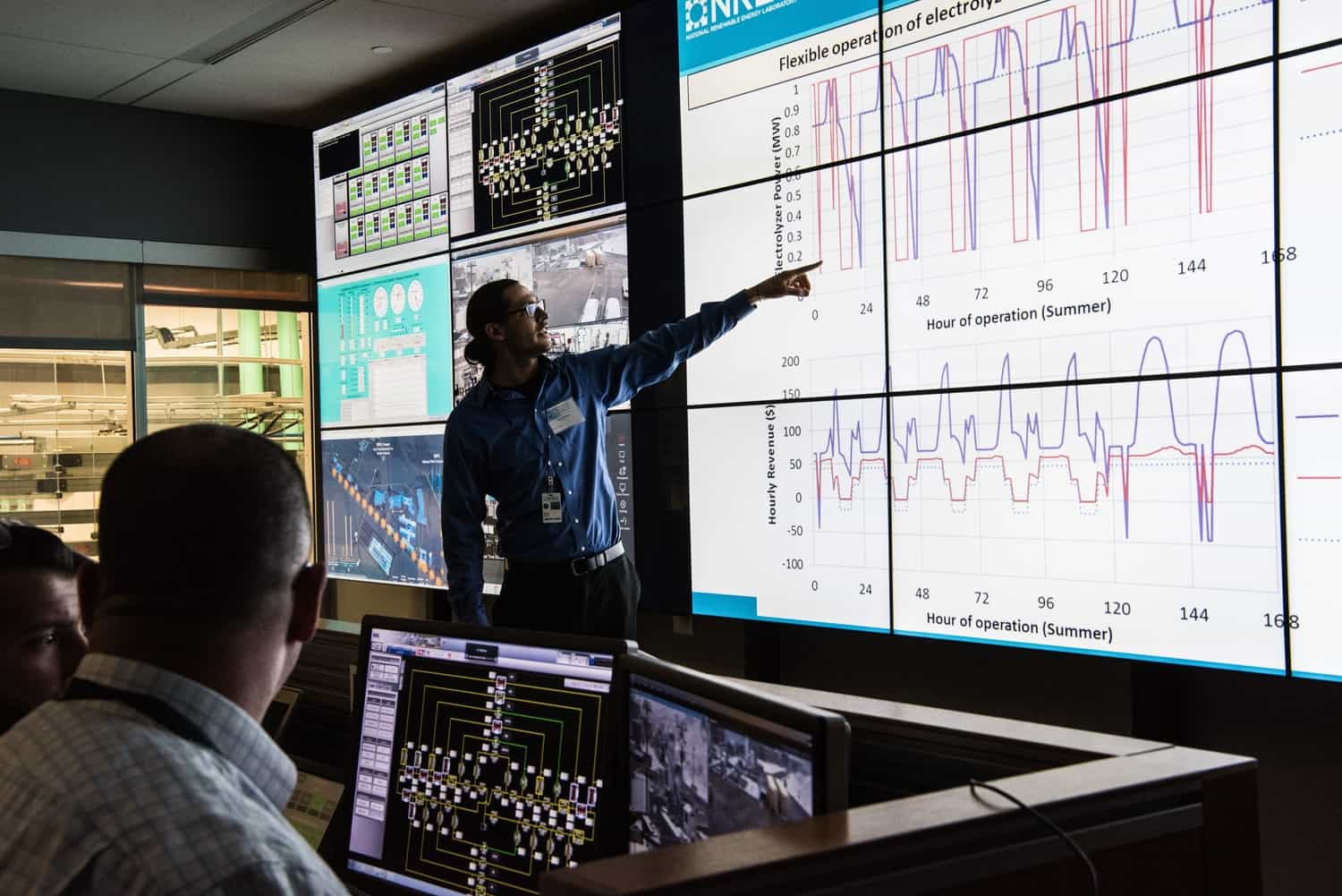 November 17, 2016- Josh Eichman, NREL, discusses the Business Case Analysis of an NREL and Idaho National Laboratory (INL) electrolyzer grid integration demonstration in the control room of the Energy Systems Integration Facility (ESIF), using Real-Time Digital Simulators (RTDS) connecting grid simulations at the two labs to investigate the value of hydrogen electrolyzer refueling stations for providing grid services. The audience was made up of industry and utility representatives attending the H2@Scale Workshop. November 17, 2016- Josh Eichman, NREL, discusses the Business Case Analysis of an NREL and Idaho National Laboratory (INL) electrolyzer grid integration demonstration in the control room of the Energy Systems Integration Facility (ESIF), using Real-Time Digital Simulators (RTDS) connecting grid simulations at the two labs to investigate the value of hydrogen electrolyzer refueling stations for providing grid services. The audience was made up of industry and utility representatives attending the H2@Scale Workshop.